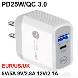 PD 25W 5V/5A 9V/2.8A 12V/2.1A EU/US Plug LED Light 2 Ports USB Adapter Wall Charger Fast Quick Charge QC 3.0 Mobile Phone