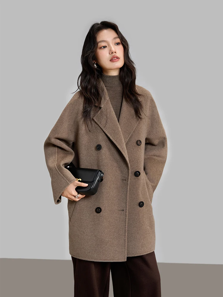 

Ele Double-Faced Camere Woolen Coat Midi Length Suit Collar Qing Ya i Classic Collection Faionable Commute Sle
