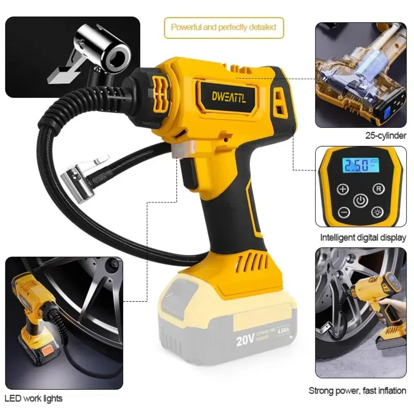 ل ديوالت سيارة التضخم مضخة هواء اللاسلكي منفاخ لإطارات السيارة ضاغط الهواء شاشة ديجيتال 20 فولت بطارية أداة السلطة #2