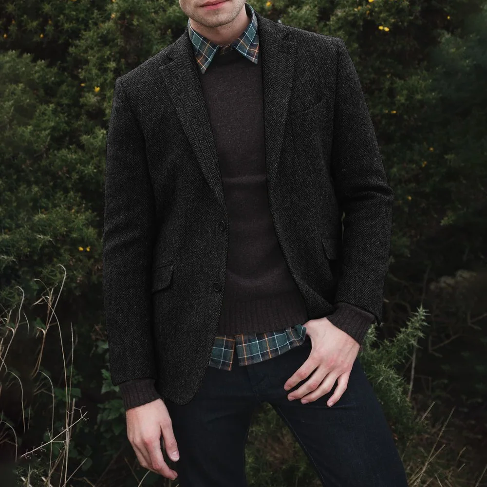 

Мужской пиджак: высококачественный однобортный блейзер с отложным воротником из ткани «ёлочка» в винтажном городском стиле