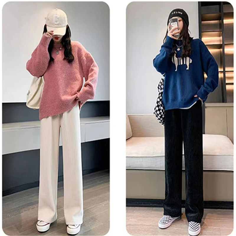 Autumn Solid Thick Pleated Pants Women Winter Fashion High Waist Elegant Baggy Trousers Office Lady Casual Warm Wide Leg Pants