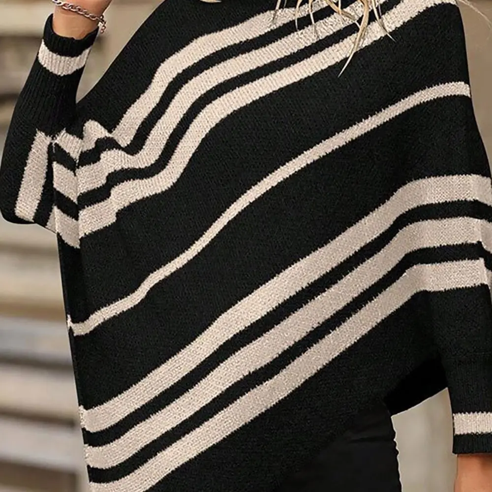 Losgebreide trui met vleermuismouwen, halfhoge kraag en sjaalkraag, kleurblokontwerp, damesmode bovenkleding