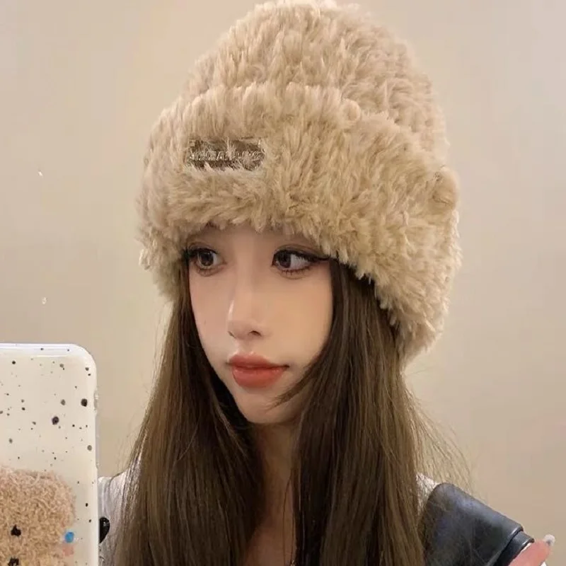 女性のぬいぐるみニットビーニーキャップ、耳保護帽子、カジュアルソリッドカバー、ヘッドキャップ、ボネット、厚く、暖かい、リブ、冬、スキー