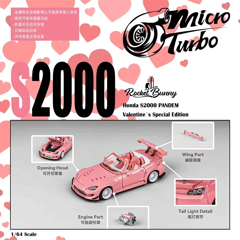 MicroTurbo MT 1/64 Honda S2000 Rocket Bunny Valentine's Day Alloy Toy Motor Vehicle Diecast Metal Model