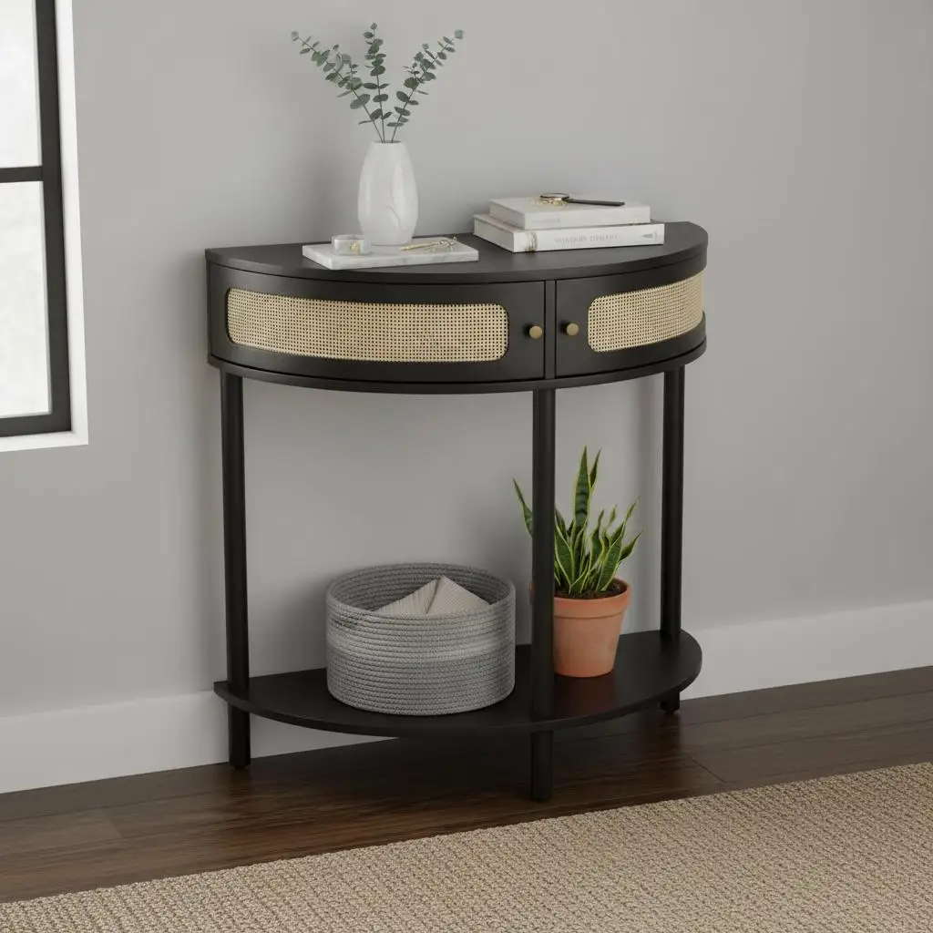 

Semicircle Wicker Hallway Desk 42.1"L x 11.8"W x 31.5"H For Living Room, Study Room, Entrance, 2 Storage Drawers, Natural Rat