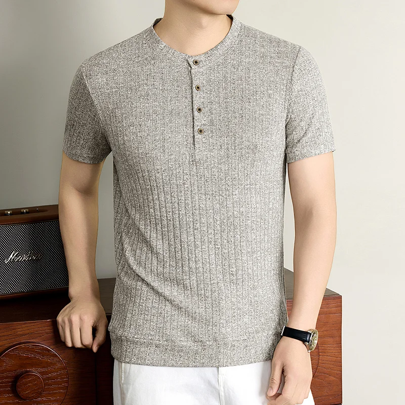 Herren Henley-Kragen Vertikal Geripptes Kurzarm-Strick-T-Shirt Lässige Oberteile Dehnbar Atmungsaktiv Knitterfrei Sommerkleidung – Detail 11