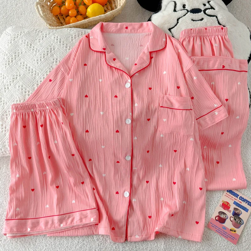 

New Summer Pyjamas for Women: Lightweight Short-Sleeved Three-Piece Set with Heart Print – Casual Loungewear for Students