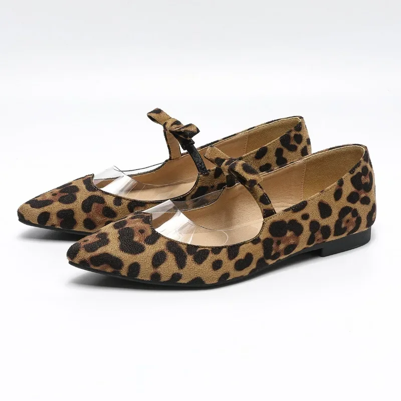 Sexy Shallow Mouth Pointed Toe Flat Ballet Dance Shoes Mary Jane Leopard Bow Shallow Mouth Single Shoes for Women