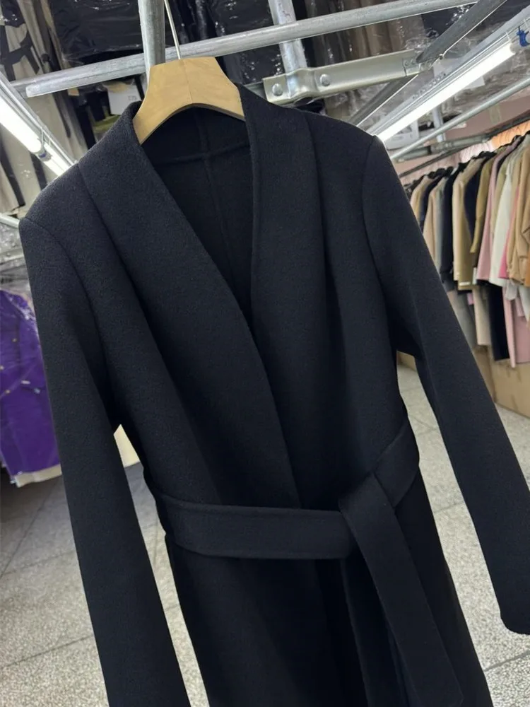 معطف نسائي من قماش الكشمير باللون الأسود على الوجهين من DFDG مع ياقة كتف مستقيمة طويلة 2025 معطف صوفي جديد ضيق برباط في مكان العمل #6