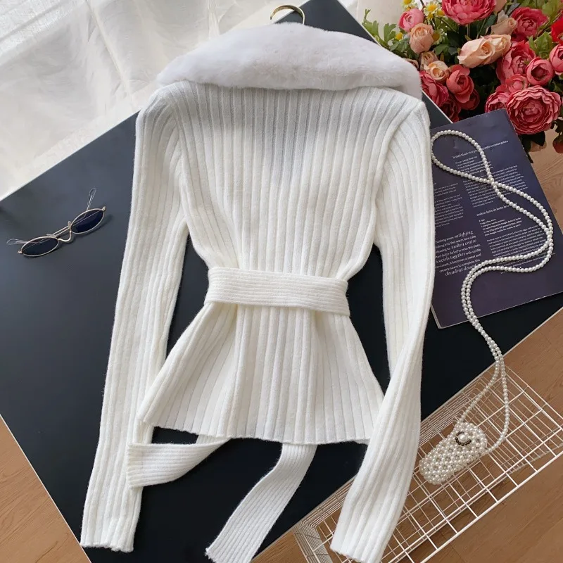 Fluffy Faux Fur Collar Rib Knitted Cardigans with Sashes Elegant High Stretch Women Sexy Long Sleeve Single Breasted Coats