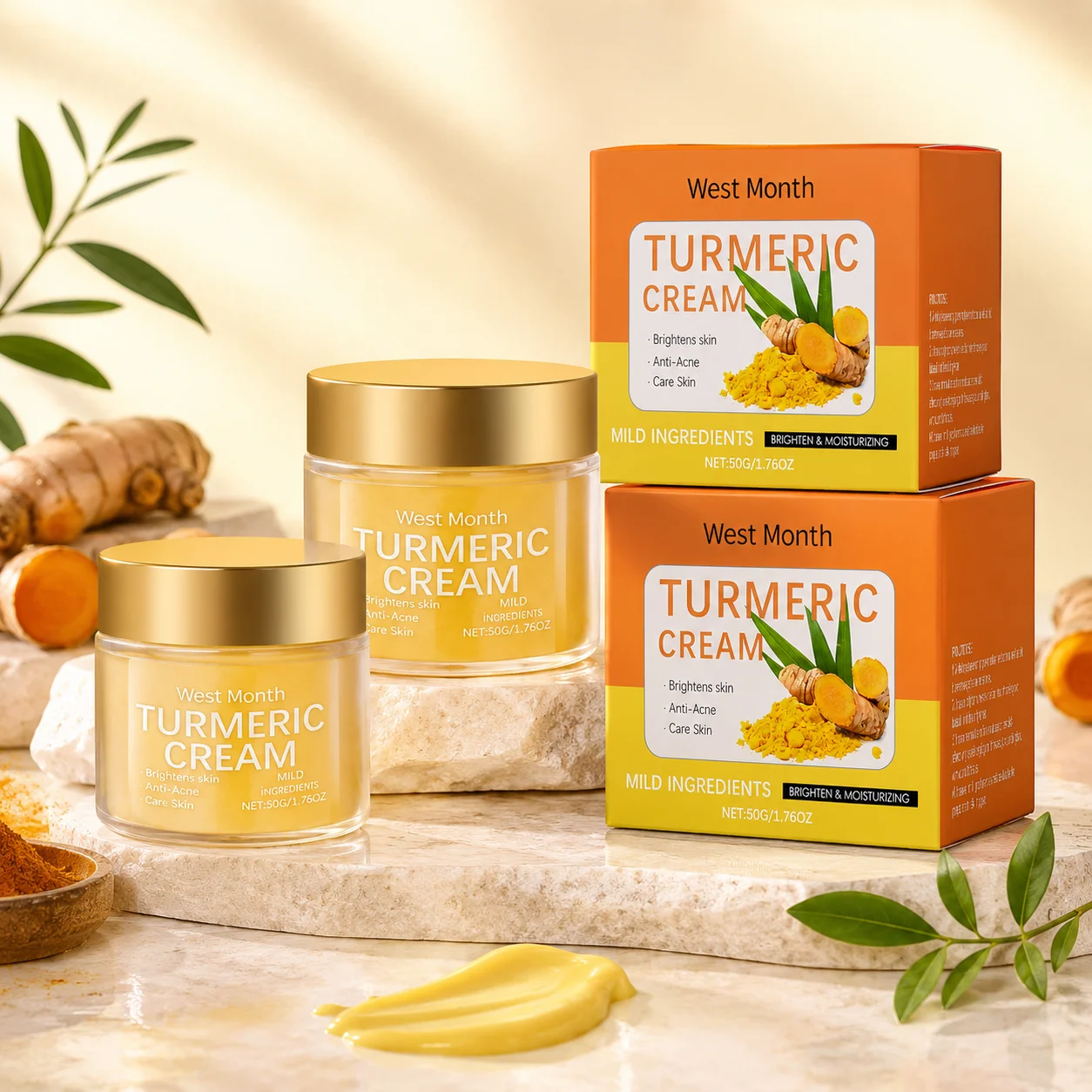 1/2/3Pcs Turmeric Facial Cream 50g West Month Anti Acne Brightening Moisturizer Niacinamide Tea Tree Oil Face Skin Care Cream