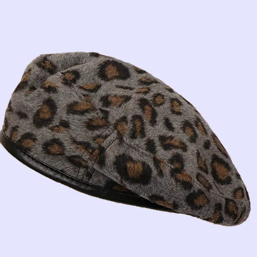 

Leopard Print Windproof Warm Brimless Cap Adjustable Rope Beret Autumn Retro Winter Casual Fashion Felt Artist Hat