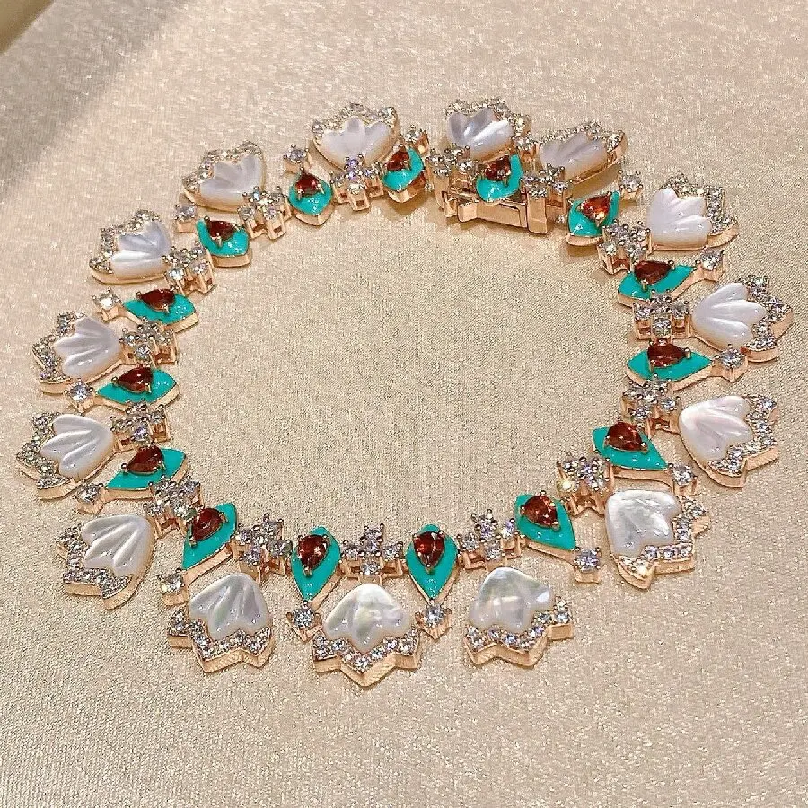 

KQDANCE 925 Sterling Silver Luxury Synthetic Zirconia Ruby Turquoise Shell Pearl Fan Shaped Bracelet For Women Fine Jewelry