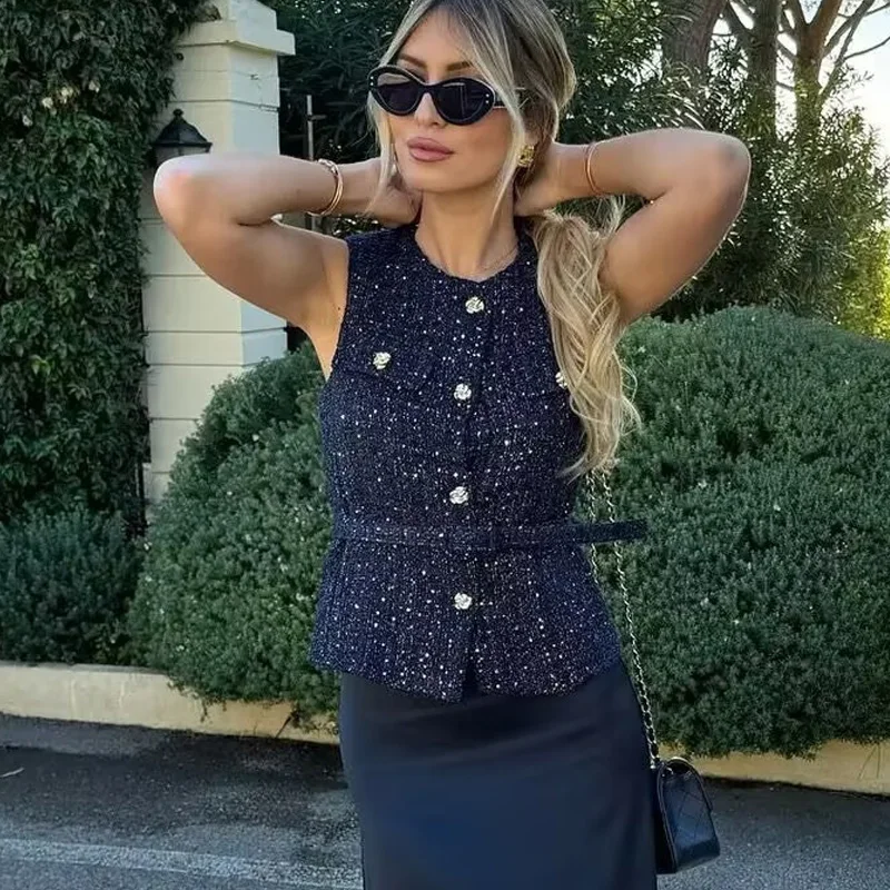 HXAO Female Vest Sleeveless Jacket Women Waistcoat Office Wear Woman Tweed Jacket Demi-Season Cropped Blue Black Off White Vest