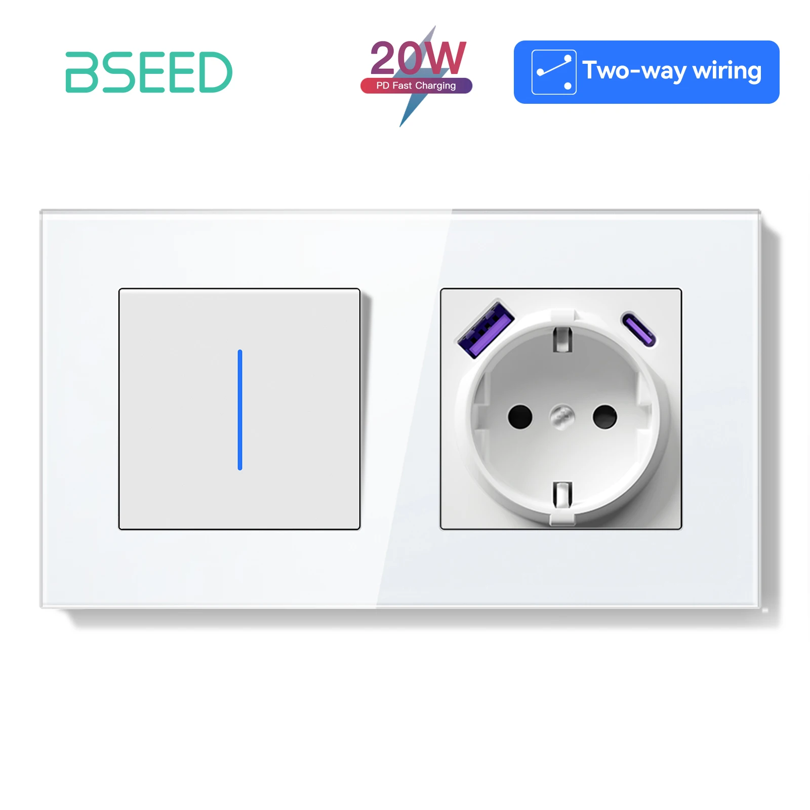 BSEED 1/2 Gang mechanische Lichtschalter 2-Wege-Pass-Through-Schalter mit EU-Buchse USB Typ-C LED-Anzeige Glasrahmen E-Serie 9