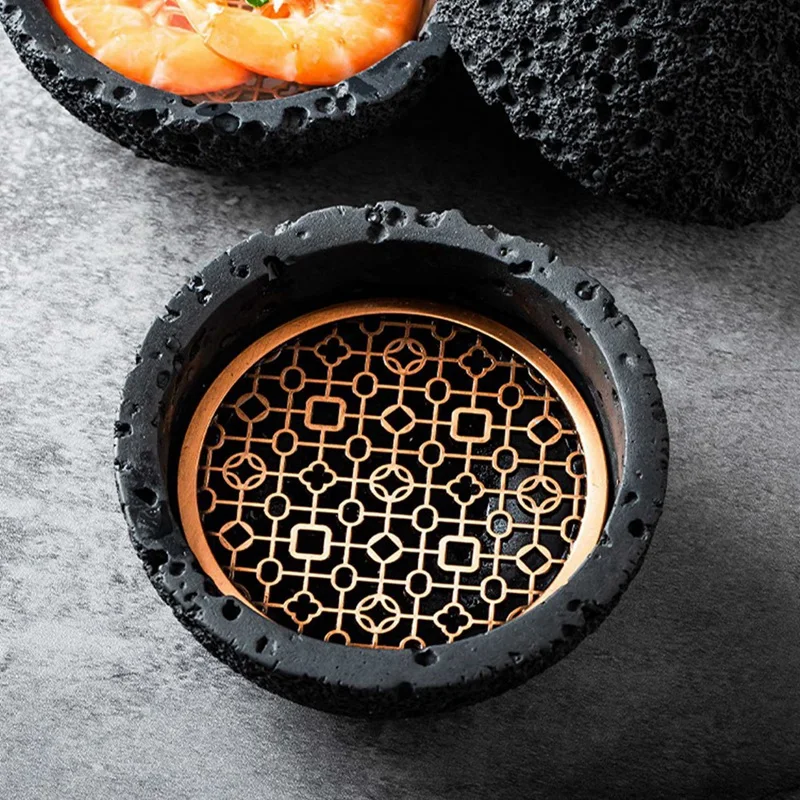 2X Bowl,Molecular Cuisine Creativity Imitate The Round Smoke Cup Black Tableware On The Fire Stone Ball Plate