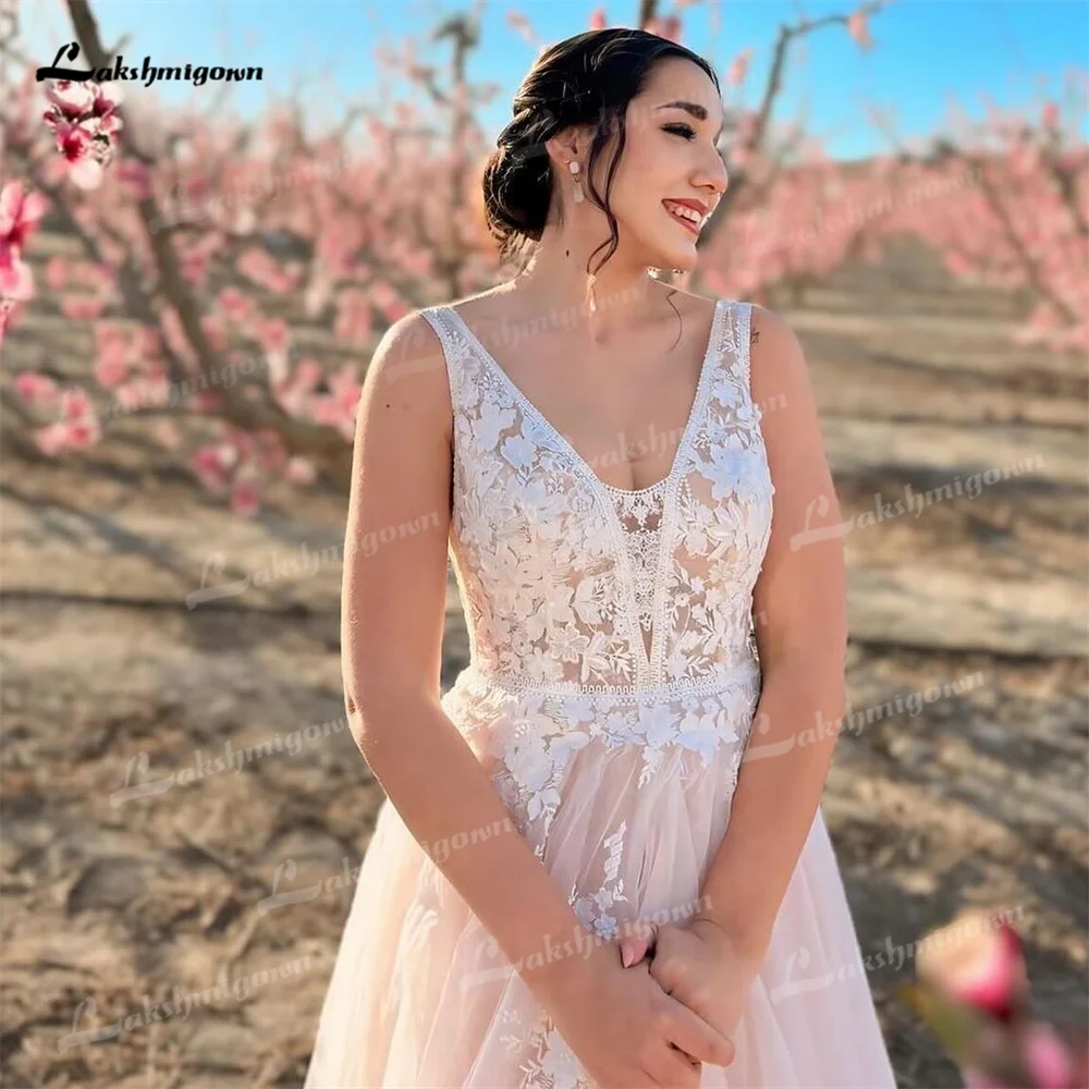 Sierlijke Kanten Applique Aan Het Strand Trouwjurk Tule A Line V-Hals Met Mouwloze Geplooide Bruidsjurk Vestido Blanco