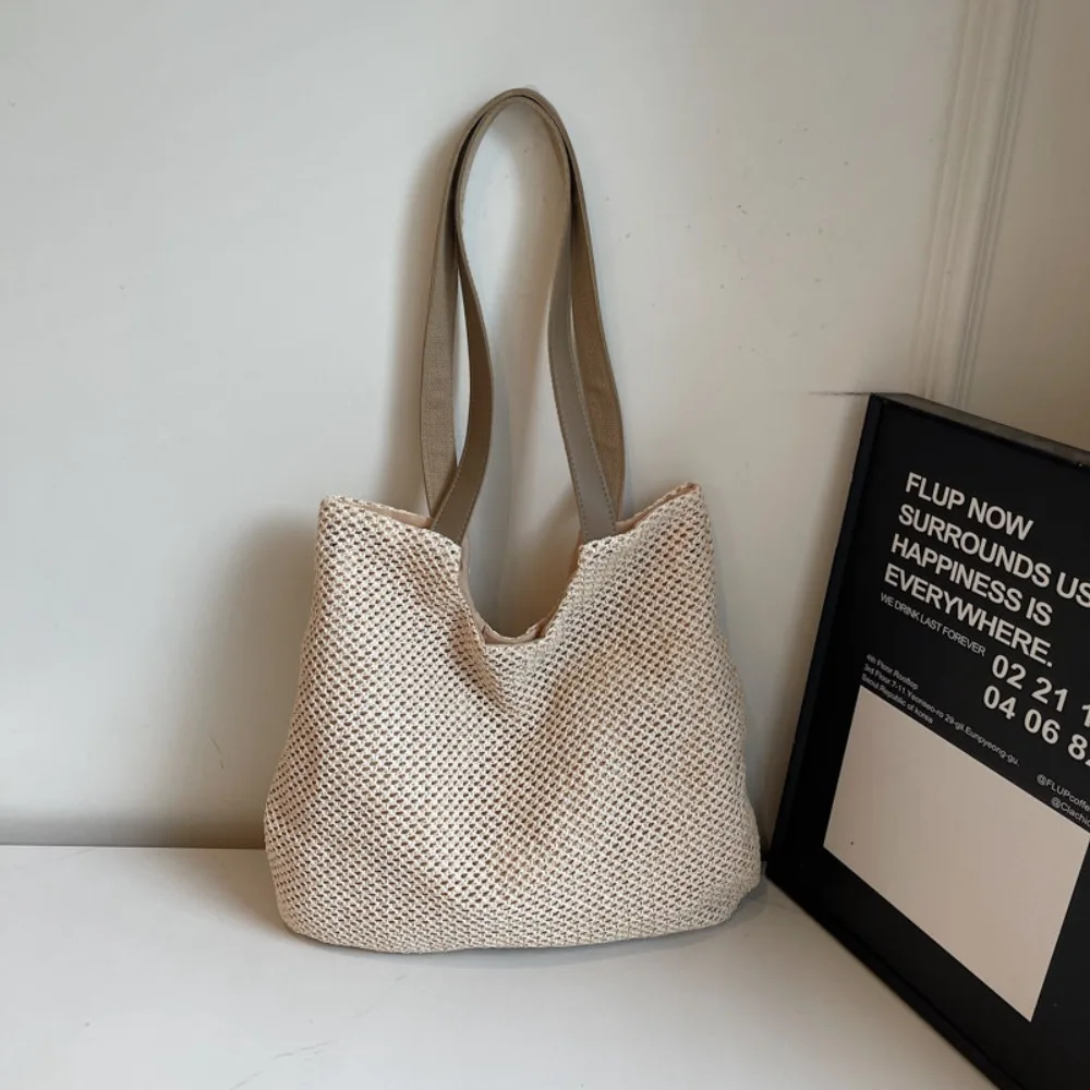

Casual Square Weave Straw Tote Bag Magnetic Buckle Large Capacity Beach Bag Bohemian Style Handbag Raffia Shoulder Bag Shopping