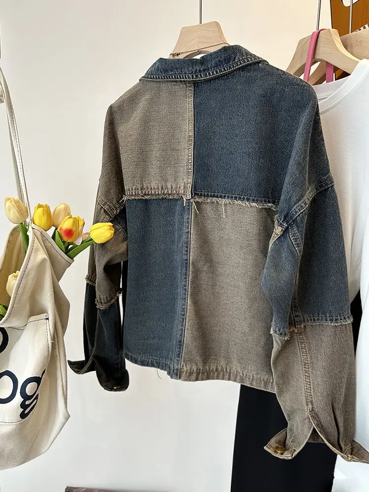 Fashion Vintage Jackets Patchwork Contrast Color Raw Edge Long Sleeve Design Denim Coat Casual Loose All Match Women Clothing