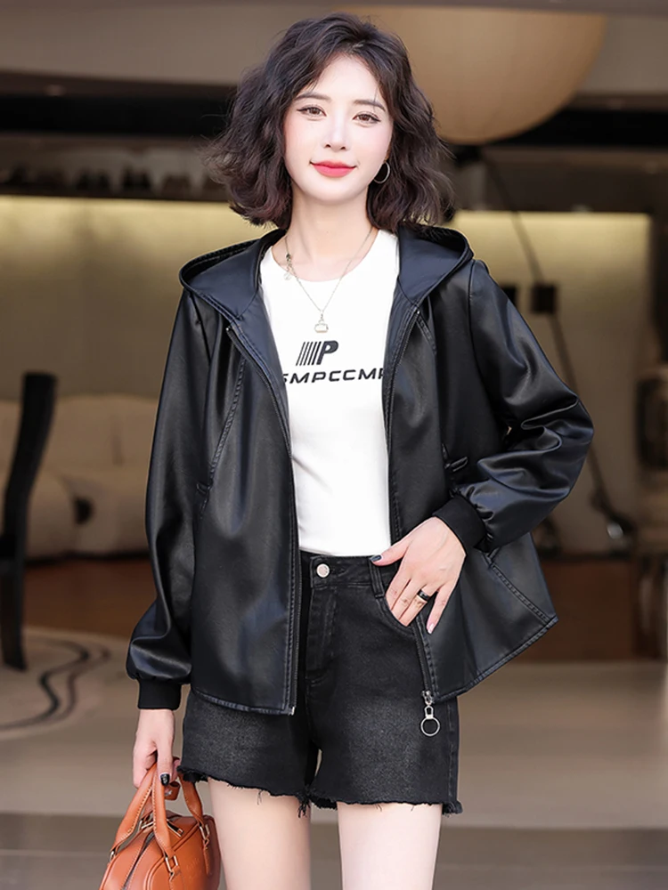   Ning 本革ジャケット女性の ort sle 2025 新作春秋カジュアルフード付きシープスキンコートルーズアウター