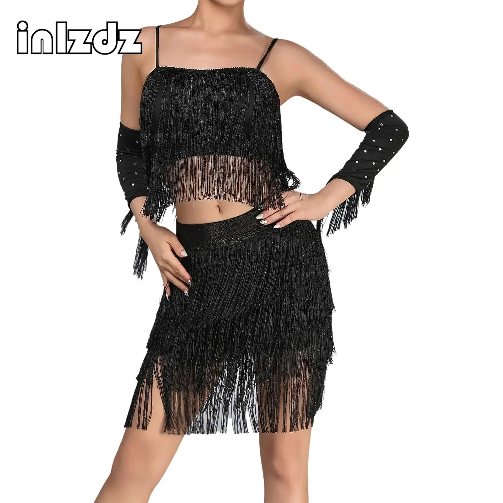 

Women's Latin Chacha Tiered Tassel Dance Costume Cropped Camisole+Detachable Sleeves+Skirt 3-piece Ballroom Tango Dancewear Sets