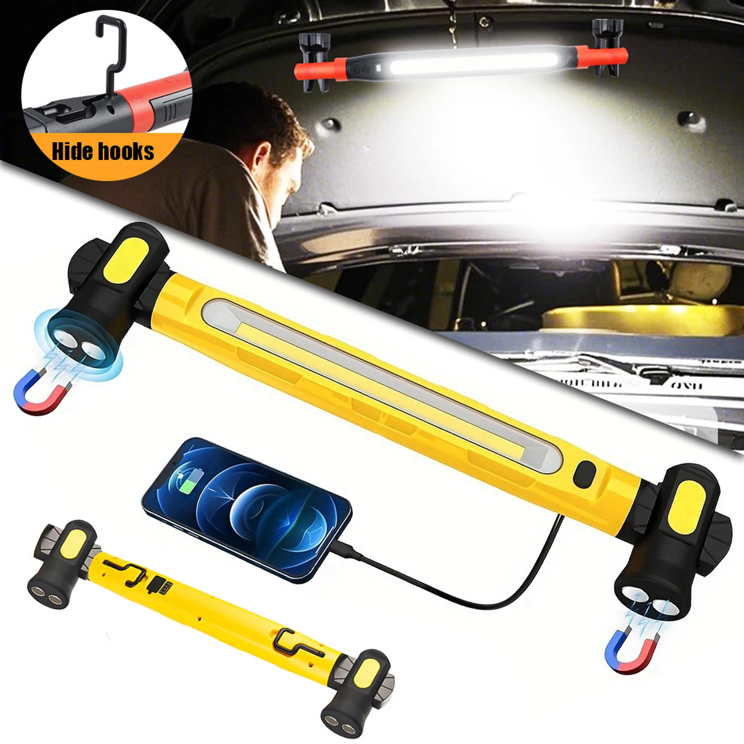 Portable LED Work Light 5200mAh Rechargeable Camping Lamp with Rotating Base & Hooks Magnetic Lamp Bar For Car Repair Emergency