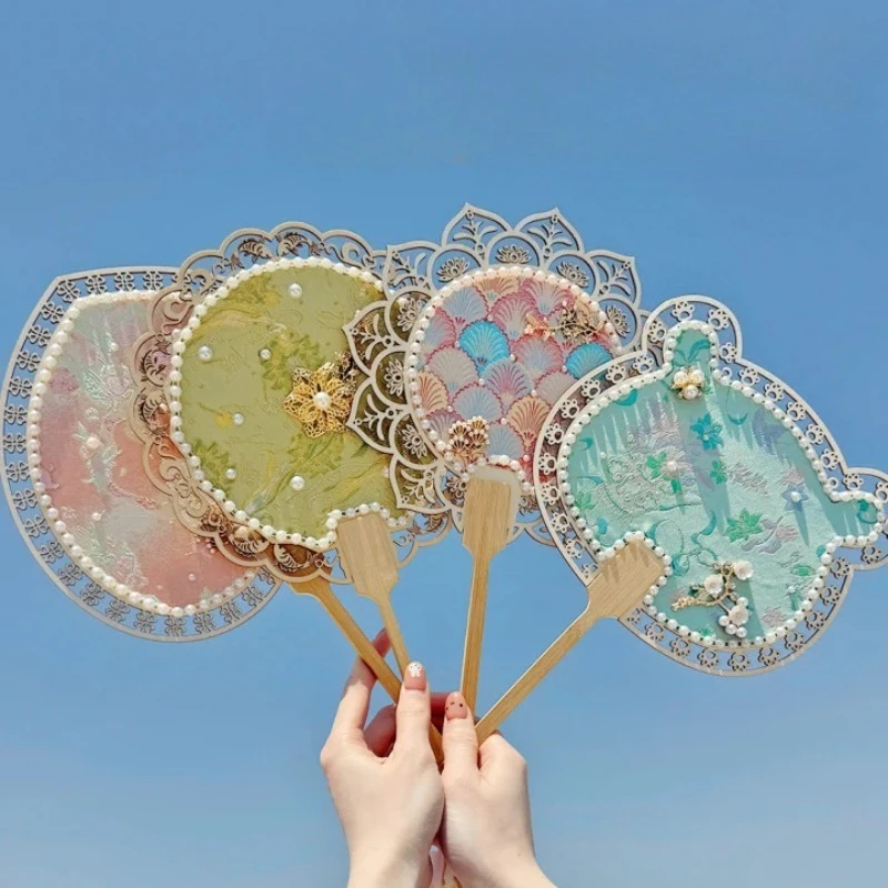 DIY Song Brocade Pearl Fan Material Kit, Double Sided Ancient Chinese Style Hand Fan, Craft Supplies for Salon Team Building