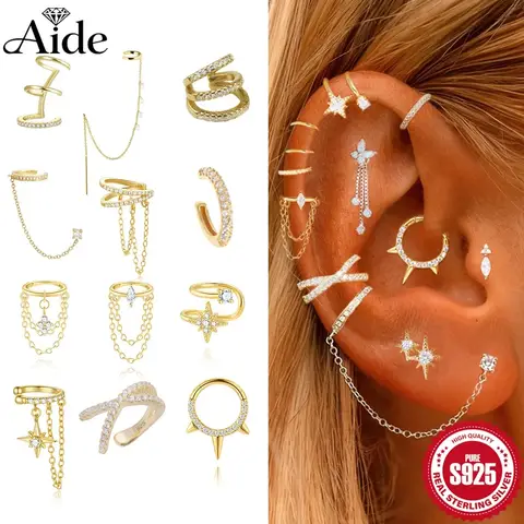 Aide 1PC 925 Sterling Silver Sparkling Zircons Long Chain Tassel Clip Earrings For Women Elegant Wedding Party Jewelry Ear Cuff