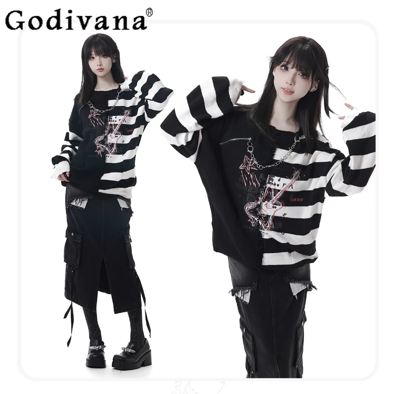 여성 일본 의상 스트라이프 비대칭 디자인 가을 겨울 스웨터 슬림 데님 스커트 세트 여성용 블랙 로리타 세트