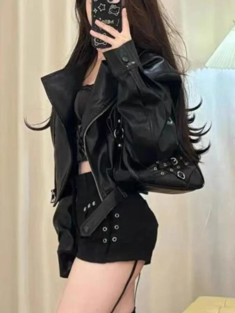 American Style Short Zipper Leather Jacket Women's Autumn Winter New Design Slim Fit Vintage Fashion Motorcycle Jacket Top