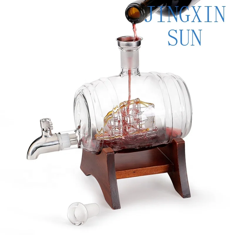 Handmade Borosilicate Unique Dispenser 1000ml Glass Barrel Whiskey Bottle Decanter With Stopper Wood Holder