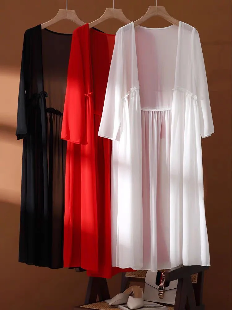 Summer Sun Protection Clothing Long Cardigan Korean Women Jacket Thin Chiffon Air Conditioning Shirt Shawl Coat Outerwear 8XL view 4