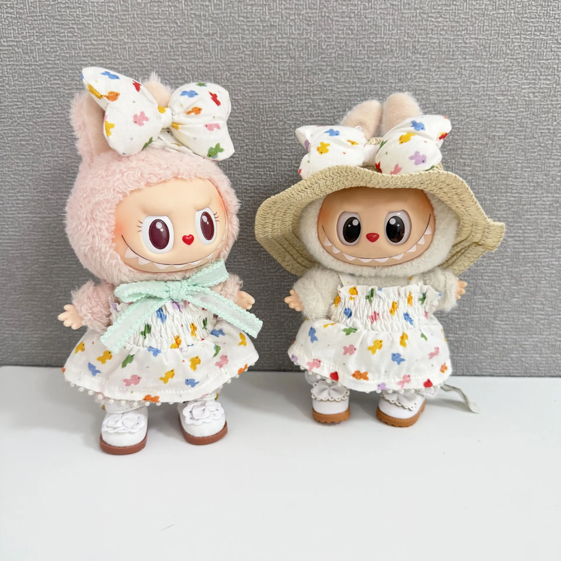 

17cm Labubu Clothes Doll 1st, 2nd and 3rd Generation Labubu Clothes Cute Little Fish Princess Dress Set with Labubu Straw Hat