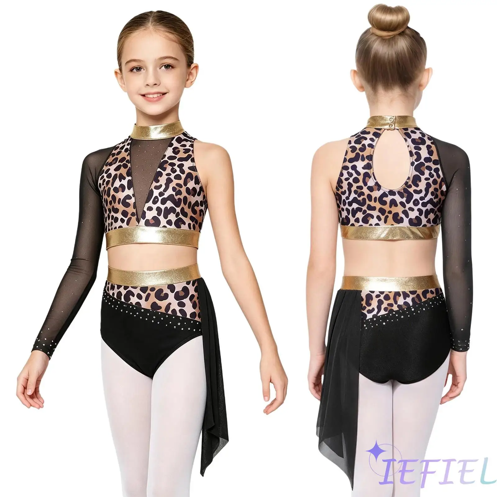 Lyrical Gymnastics Dance Outfit for Girls Long Sleeve Crop Top with Rhinestone Bottoms for Ballet Jazz Dance Stage Competition