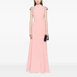 Customized Wedding Guest Dresses Pink Mermaid Crystal Cap Sleeves Formal Party Gowns for Women High Collar Trumpet Evening Dress