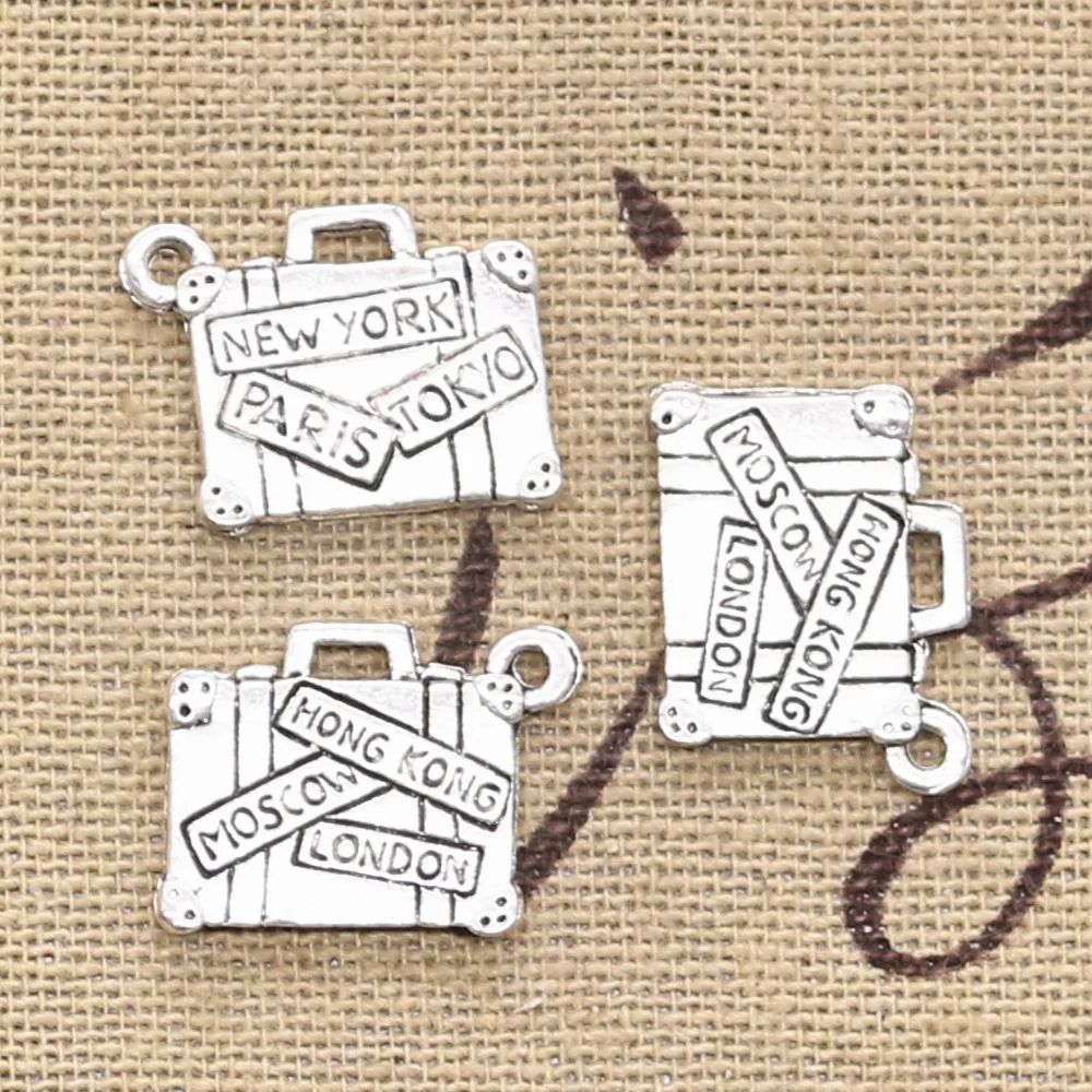 10pcs Charms Travel Bags New York Paris Tokyo 15x13mm Antique Silver Color Pendants Making DIY Handmade Tibetan Finding Jewelry