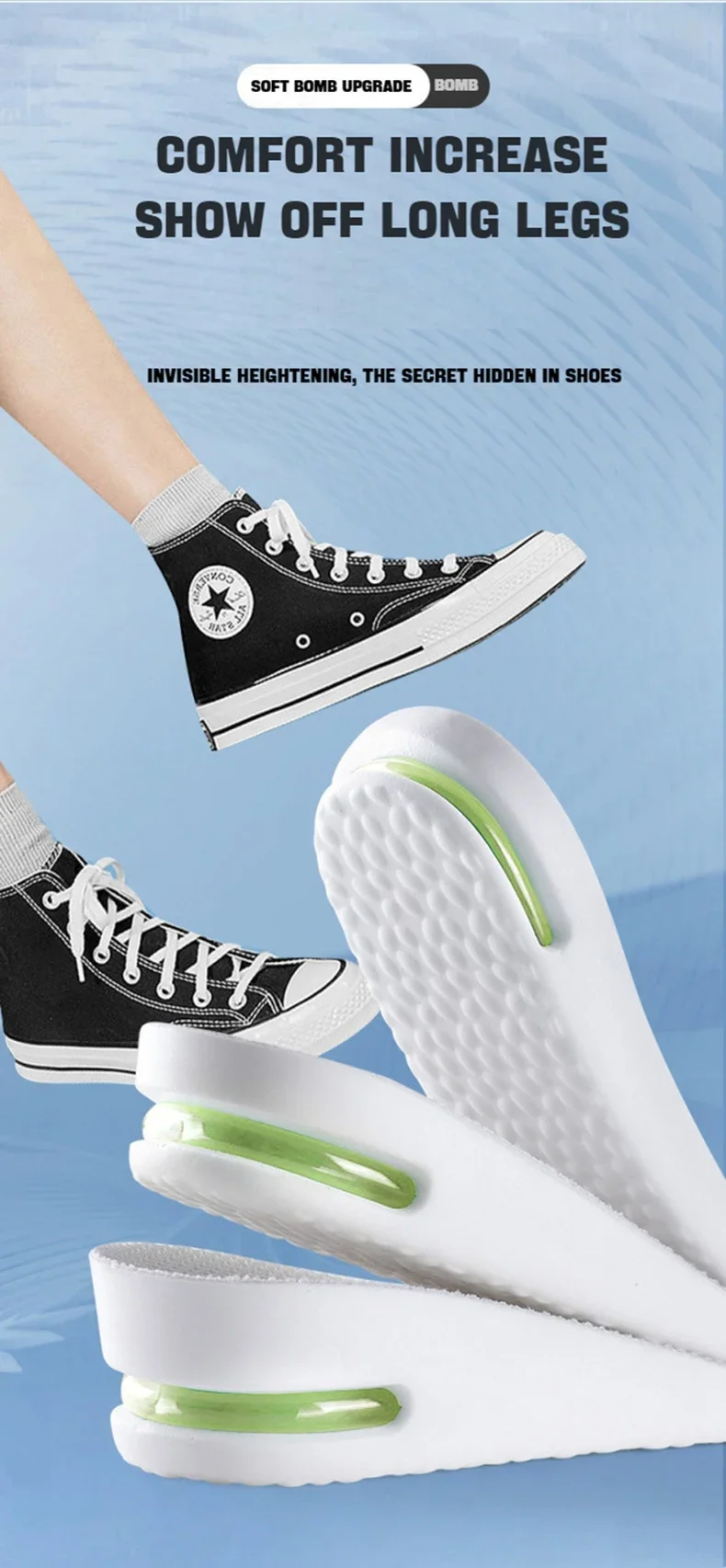 Höhe erhöhen Einlegesohle für Füße Komfort Plantarfasziitis Schuhe Einlegesohlen Männer Frauen Tennis Turnschuhe Luft stoßdämpfende Schuh Pads – Detail 9