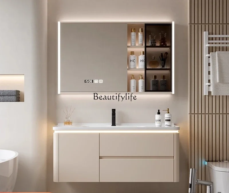 

2 Cream wind ceramic integrated basin rounded corner bathroom cabinet combined toilet washstand