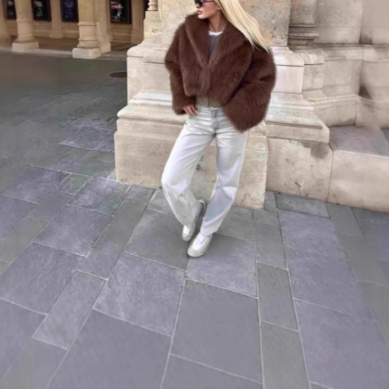 Europeu e americano pele grande lapela casaco de pele do falso curto moda casaco de pele de raposa fofo pelúcia roupas femininas