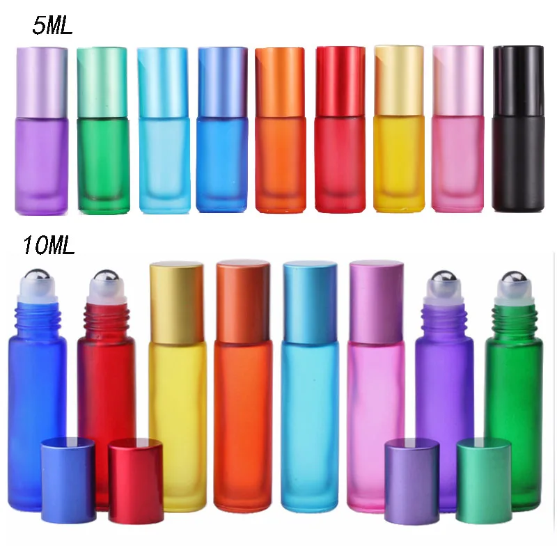 10X 20X 5ml 10ml Refillable Frosted Colorful Empty Glass Essential Oil Perfume Roll On Bottles With Stainless Steel Roller Ball