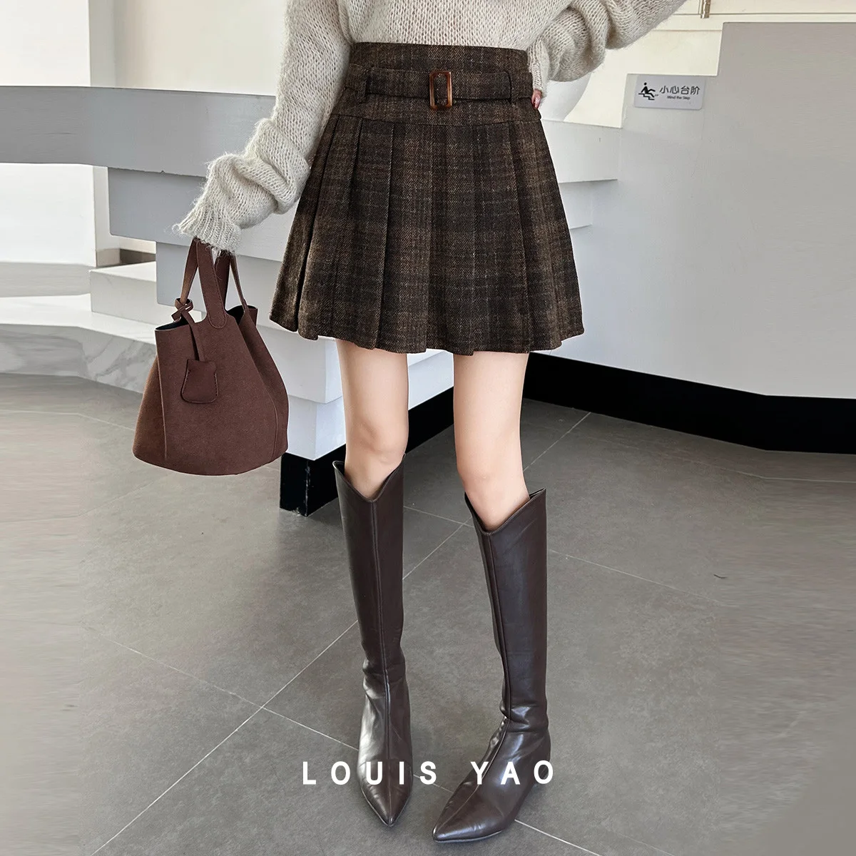 

LOUIS YAO Ретро шерстяная юбка-миди, осень-зима 2022, полуюбка трапециевидной формы, игривый стиль, смешанная сетка, женская юбка с высокой талией