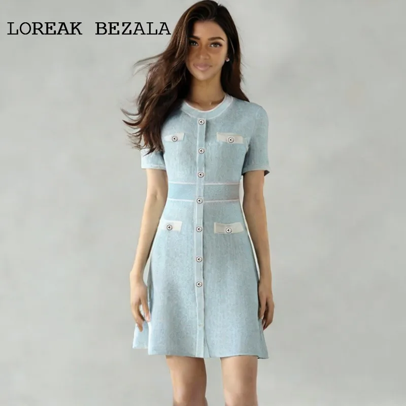 

Голубое женское трикотажное платье, эластичное французское платье с небольшим ароматом, весенне-летнее платье для светского отдыха, цельное мини-платье