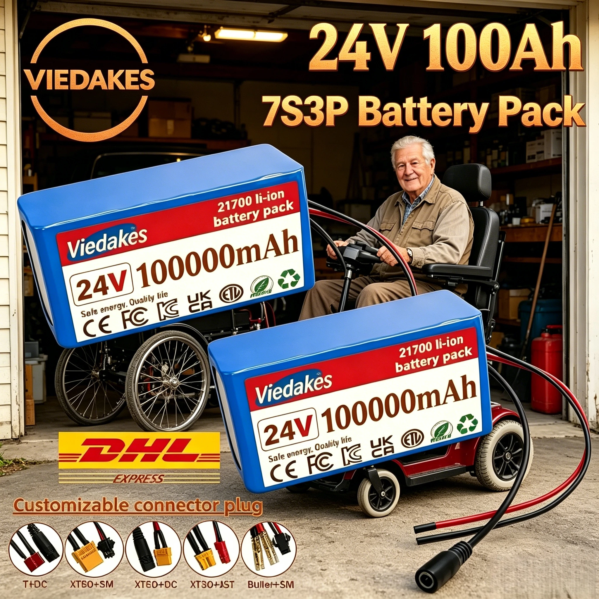 Large Capacity 24V Battery Pack 100Ah 7S3P 21700 Cells Full BMS System with Charger for Mobility Wheelchair and Electric Toy Car
