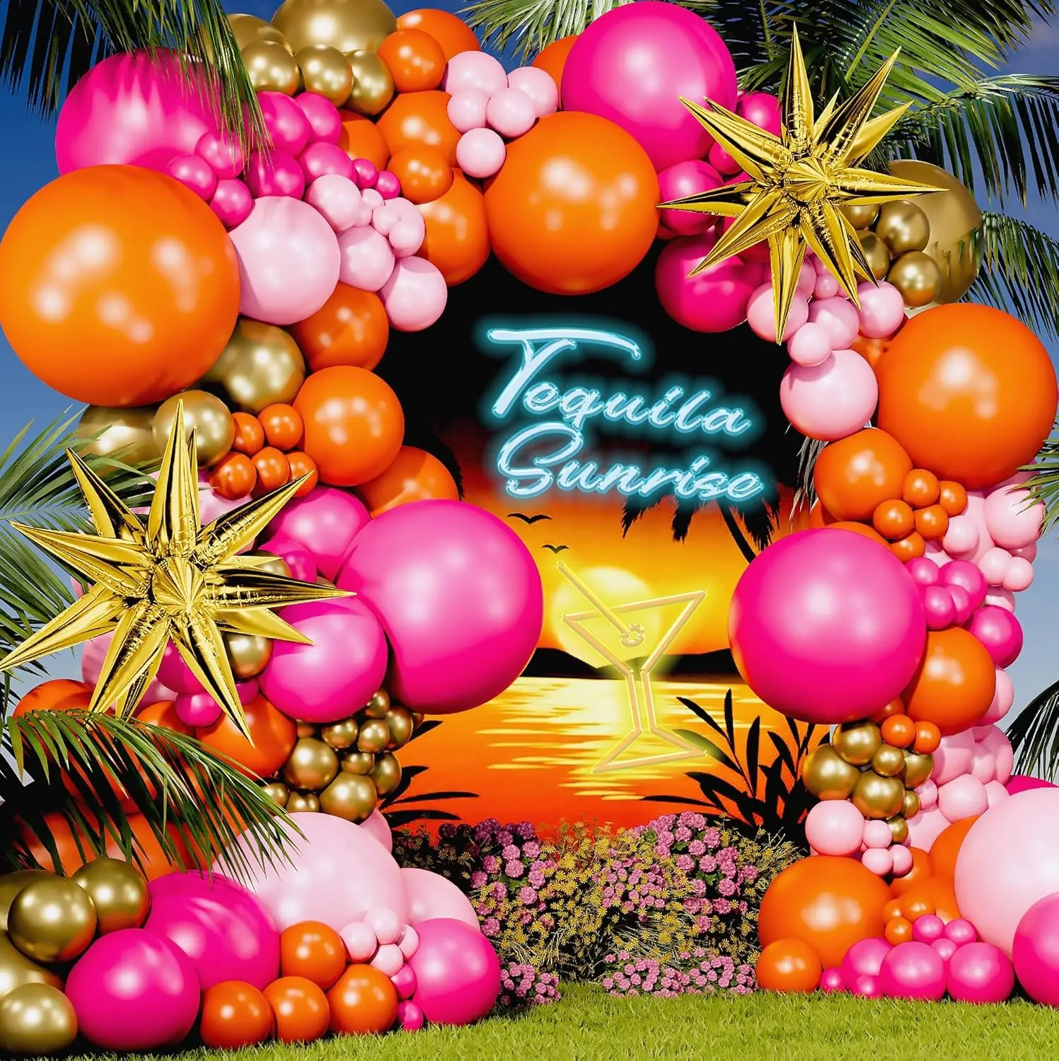 123Pcs Hot Pink and Orange Balloons Arch Kit with Gold Starburst Balloons for Bridal Shower Wedding Birthday Party Decorations view 5