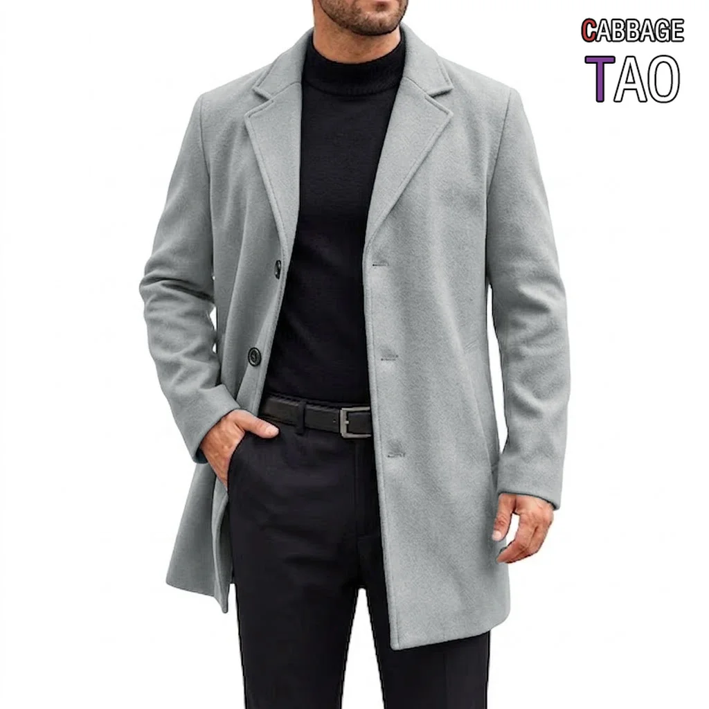 Autumn Mens Timeless Blend Outerwear Mid Length Trench Overcoat Winter Thermal Blazer Lapel Relaxed Outer Garment with Pockets