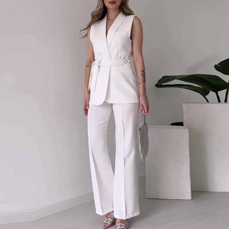 Lady Turn-down Collar Sleeveless Top with Long Pants Suit Elegant Temperament Solid Color Slim Set Fashion Lace Up Party Outfit