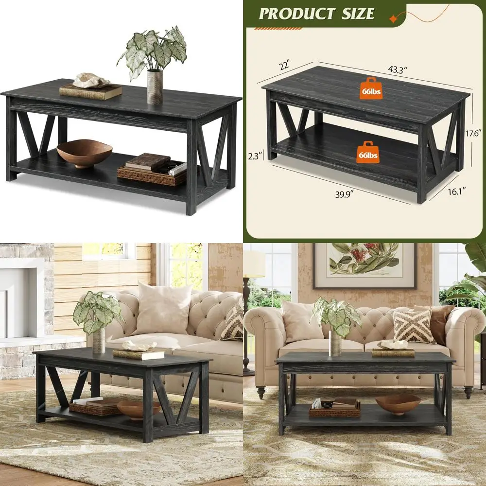 

Журнальный столик в стиле фермерского дома с полкой для хранения, V-образная опора, деревянный центральный стол для гостиной, ширина 43 дюйма