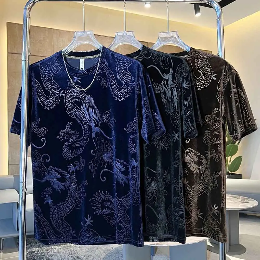 2024 Spring, Autumn and Winter New Gold Velvet Short Sleeve T-Blood Men\'s Slim Jacquard Dragon Pattern T-Blood Undershirt Top