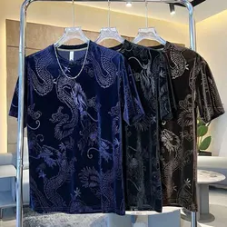 2024 Spring, Autumn and Winter New Gold Velvet Short Sleeve T-Blood Men's Slim Jacquard Dragon Pattern T-Blood Undershirt Top