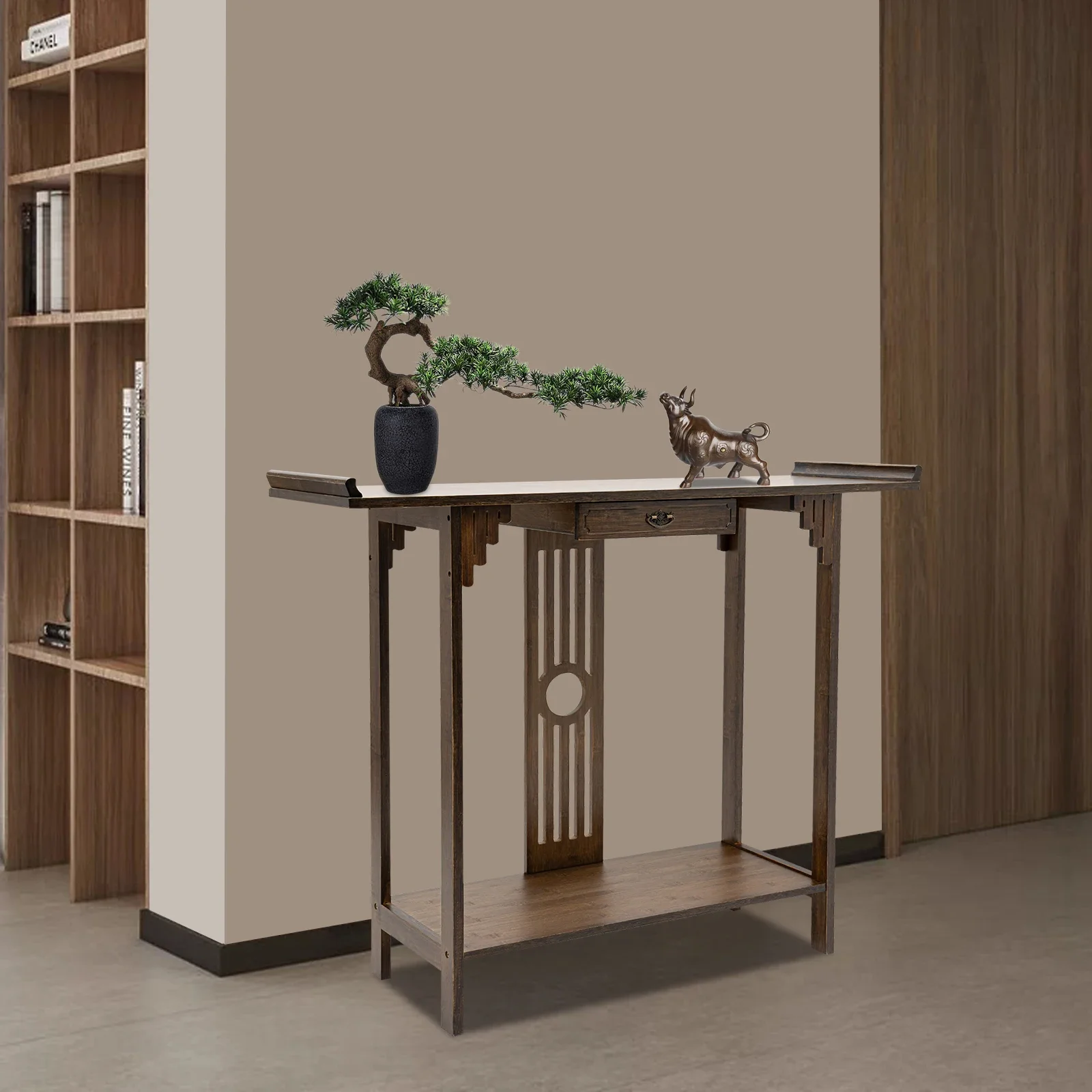 Mesa de entrada de bambu cor nogueira de 2 camadas com gaveta e prateleira de armazenamento, mesa de console com capacidade de 800 libras para sala de estar, corredor